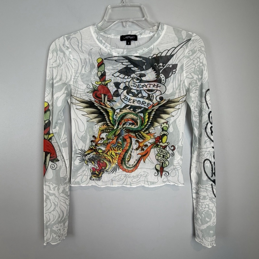 Ed Hardy Sheer Mesh Tattoo Top Small Death Before Dishonor Tiger Eagle Y2K Goth